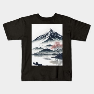 Serene Mount Fuji Sunset - Peaceful River Scenery Kids T-Shirt